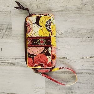 Vera Bradley coral yellow brown floral zip wristlet divided wallet